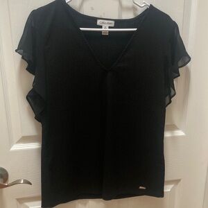 Calvin Klein Black V-Neck Flutter Sleeve Blouse Medium